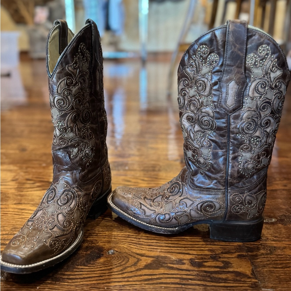 Intricate Embroidered Leather Heeled Boots